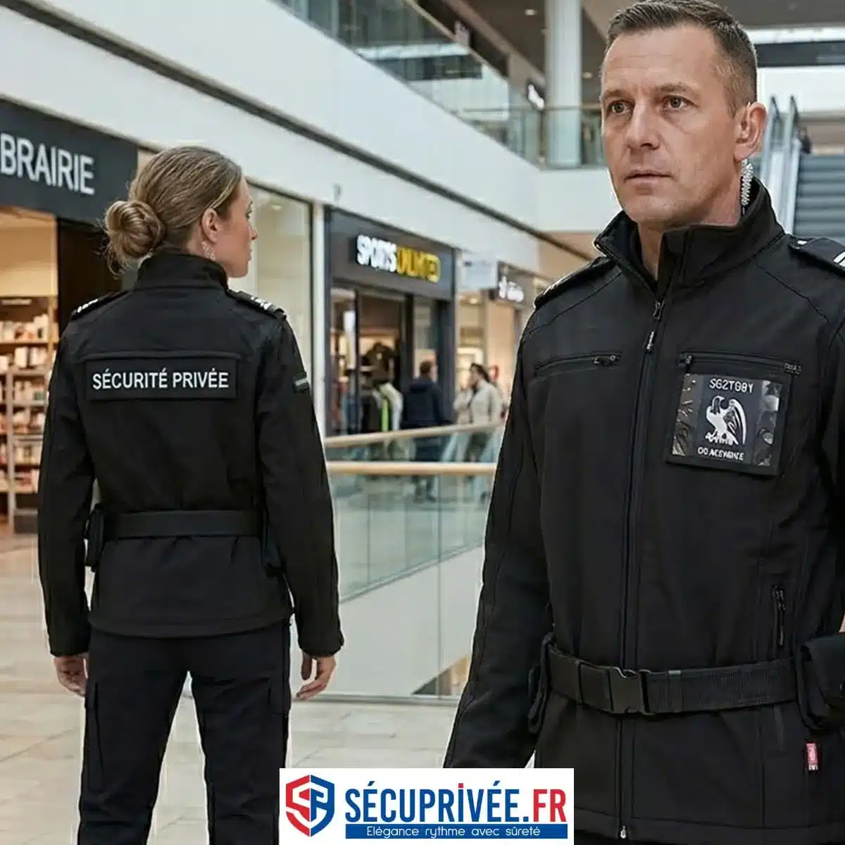 Binôme homme et femme en tenue de sécurité privée noire professionnelle, dans un centre commercial. Blousons tactiques avec inscription « SÉCURITÉ PRIVÉE » au dos.