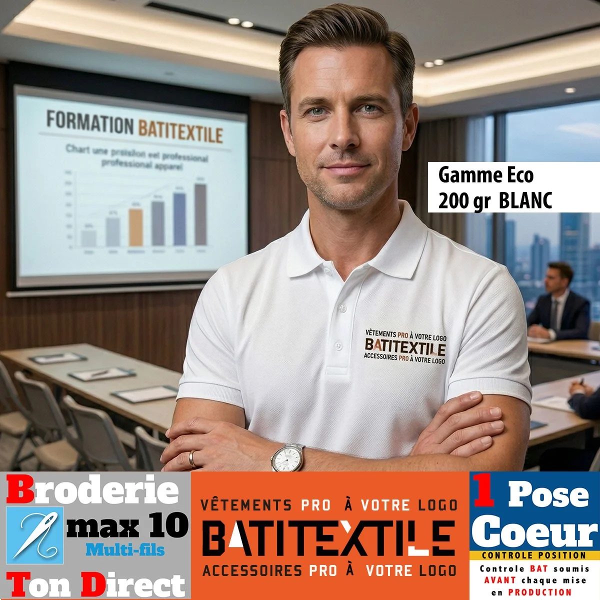 Polo homme 200g eco 100% coton broderie cœur incluse – Tenue de travail masculine maille piquée