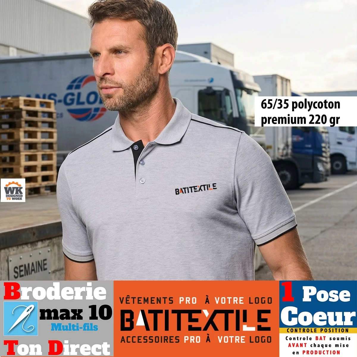 Polo homme premium 220g polycoton contrasté broderie cœur incluse – Tenue de travail masculine Day To Day